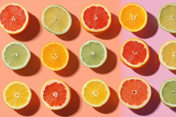 Obraz premium Sliced citrus fruits (orange, lemon, grapefruit) laid out in a perfect grid on a pastel background. 