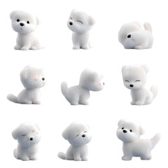 Adorable fluffy white cartoon puppy character set showing playful, emotional, and curious poses, isolated on colorful backgrounds for design and animation use.