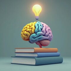 Brain on books with a light bulb above representing creativity and knowledge