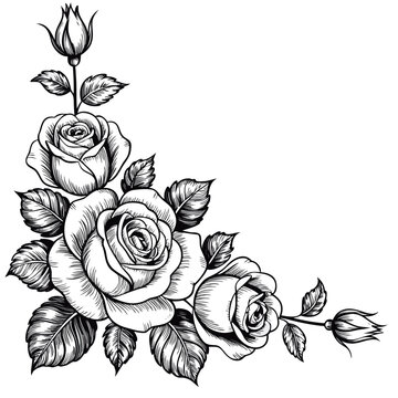 Drawing of roses, engraved style rose art, engraving roses black and white	
