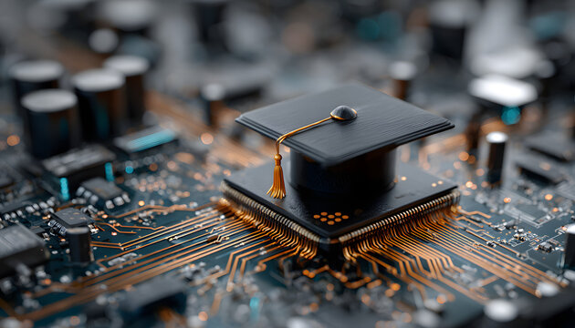 Graduation cap atop circuit board education tech integration. Modern concept for learning innovation, future career, smart technology. Digital transformation, online learning, achievement, higher