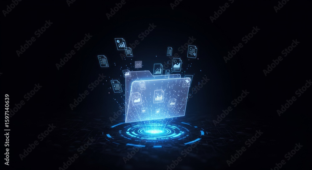 Aufkleber a glowing digital folder emanates documents. files float outward from the illuminated blue folder ag