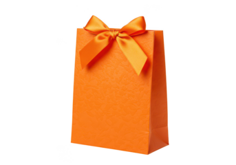 Bright orange gift bag with a satin ribbon bow isolated on transparent background