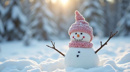 Cute snowman in a pink hat, sitting in a snowy forest.