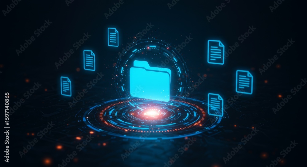Poster a glowing digital folder surrounded by floating document icons, set on a futuristic, abstract techno