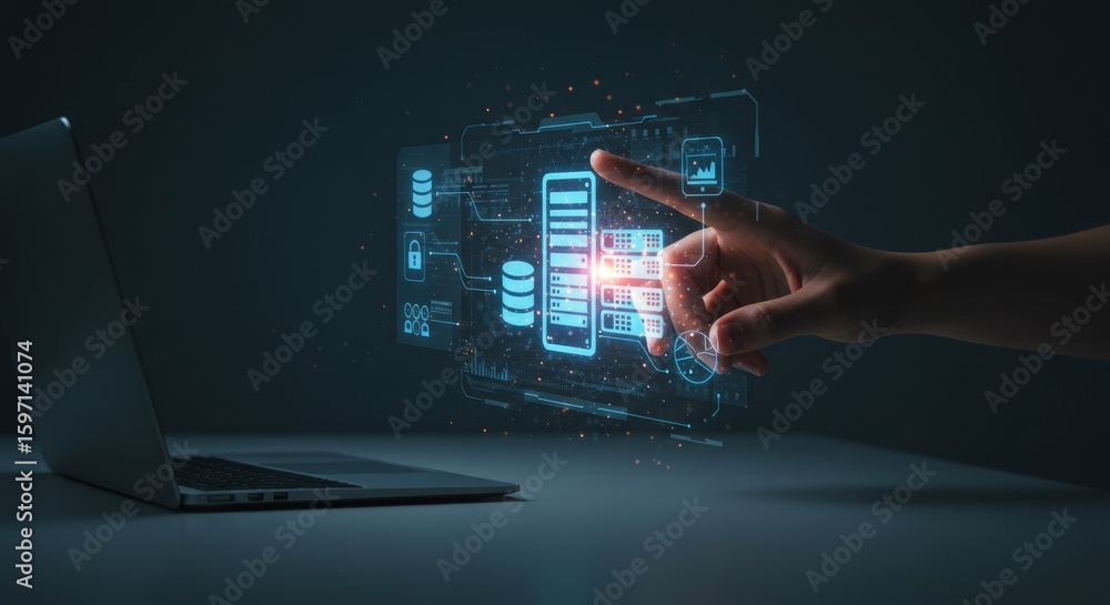 Poster a glowing digital interface is interacted with via a finger. a laptop is present, suggesting a conne