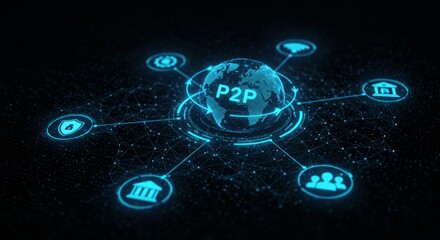 A glowing, digital representation of peer-to-peer (P2P) networking, featuring a globe connected to icons