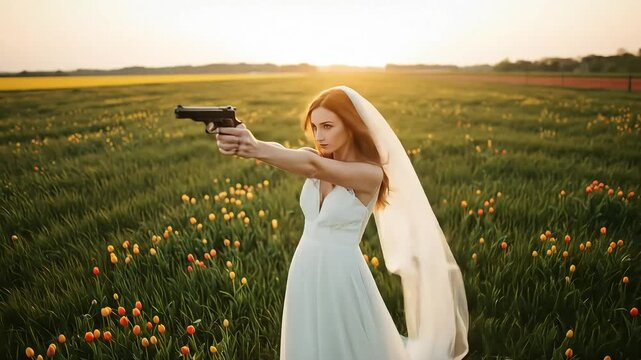Fierce Bride Aims Magnum: Sunset Field Portrait