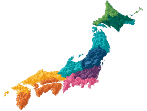 Stylized Colorful Map of Japan with Regions on Transparent Background Detailed Geographic Illustration, PNG
