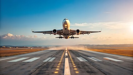 airplane landing at sunset