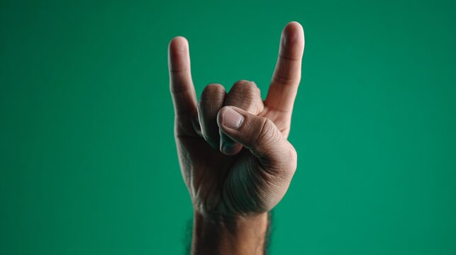 A human hand makes a rock-on gesture with index and pinky fingers raised, set against a green screen to provide a