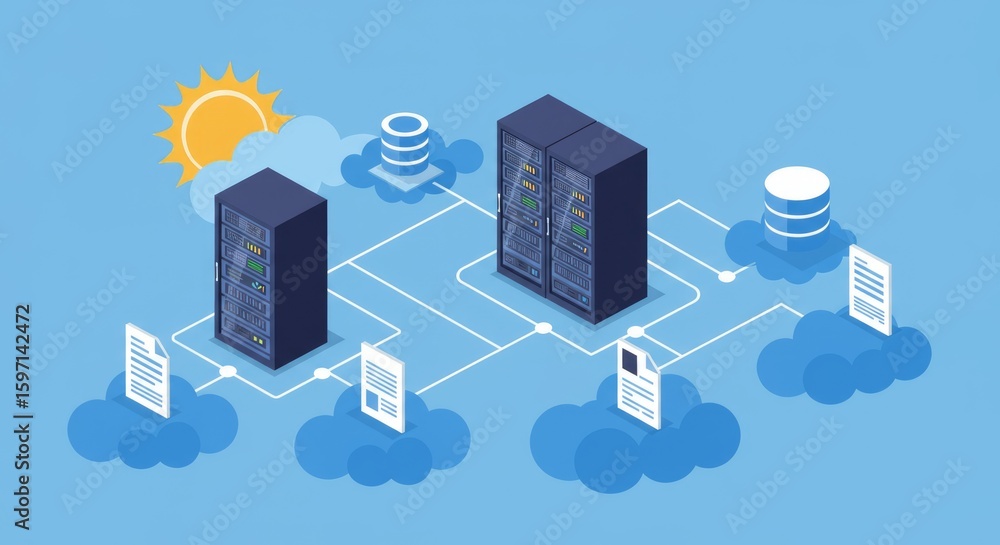Poster a graphic illustrating data servers connected via cloud platforms with documents, sun, and database 