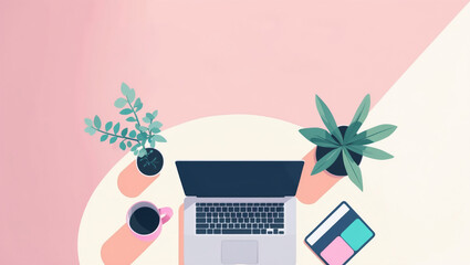Flat pastel workspace illustration with laptop, coffee mug, and plant on a desk, viewed from above, soft pastel pink and cream background