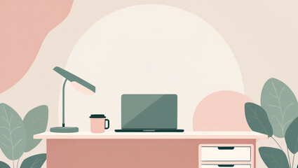 flat pastel illustration of an office desk with a coffee mug and laptop, soft background in pastel beige and blush tones