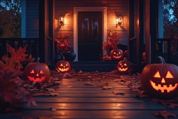 Spooky Halloween porch with carved pumpkins, autumn leaves, and warm lighting