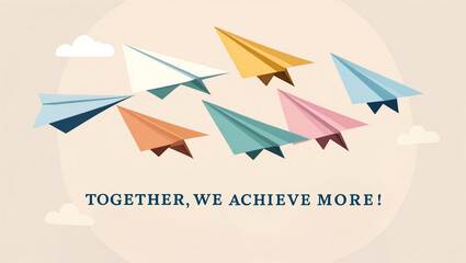 team greeting card with flat pastel design, light beige background, clean vector of paper airplanes flying in formation, message “Together, we achieve more!” in oversized serif font at bottom