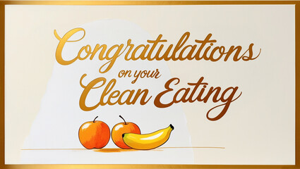 greeting card with a cream color background with golden border and pastel drawing apples, oranges and banana on the left, Congratulations on your clean eating" written in elegant, cursive script