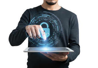 Man holding tablet displaying futuristic digital security padlock interface isolated on transparent background