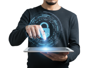Man holding tablet displaying futuristic digital security padlock interface isolated on transparent background