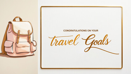 greeting card with cream color background and pastel drawing backpack on the left with the warm, golden “ Congratulations on your travel goals" written in elegant, cursive script
