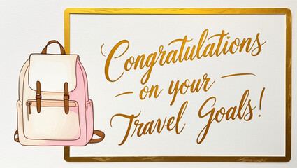 greeting card with cream color background and pastel drawing backpack on the left with the warm, golden “ Congratulations on your travel goals" written in elegant, cursive script