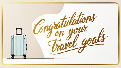 greeting card with cream color background and pastel drawing luggage on the left with the warm, golden “ Congratulations on your travel goals" written in elegant, cursive script