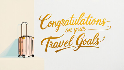 greeting card with cream color background and pastel drawing luggage on the left with the warm, golden “ Congratulations on your travel goals" written in elegant, cursive script