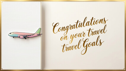greeting card with cream color background and pastel drawing aircraft on the left with the warm, golden “ Congratulations on your travel goals" written in elegant, cursive script