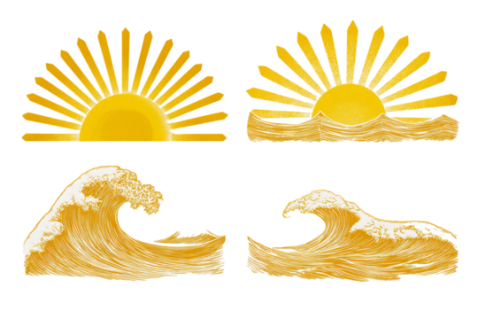 Stylized Golden Sun and Wave Graphic Designs on Transparent Background Featuring Simple Geometric Shapes Minimalist Style and Gold Color Palettes, PNG