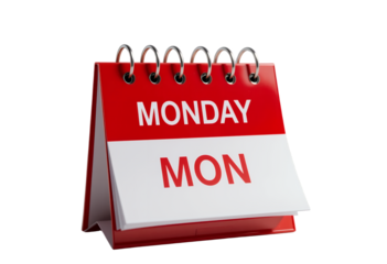 A close up view of a desktop calendar displaying monday as the day of the week in bold red letters