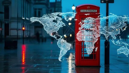 Red Phone Booth And Digital World Map Overlay At Night In London - Powered by Adobe