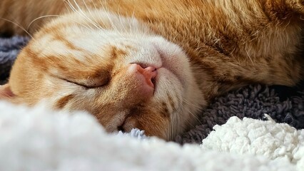 Close-up of a sleeping orange tabby cat lying peacefully on soft blankets. The image highlights its...