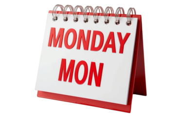 Red and white desktop flip calendar displaying the word monday in bold letters on a black background