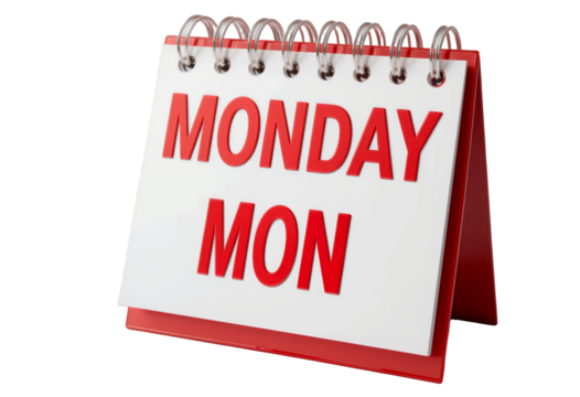 Red and white desktop flip calendar displaying the word monday in bold letters on a black background