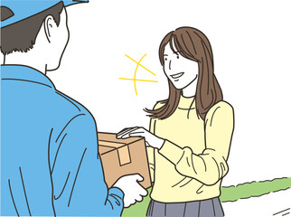 配達ドライバーから荷物を受け取る若い女性