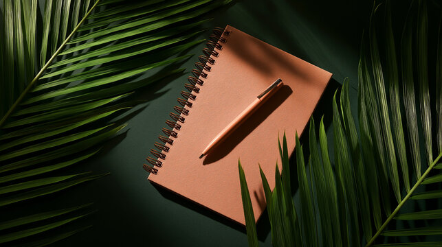 Terracotta notebook with pen and palm leaves green