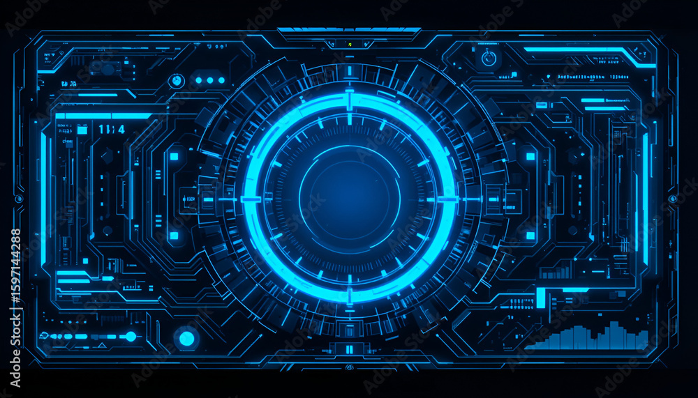 Poster futuristic interface with glowing blue circuit patterns and circular target design elements
