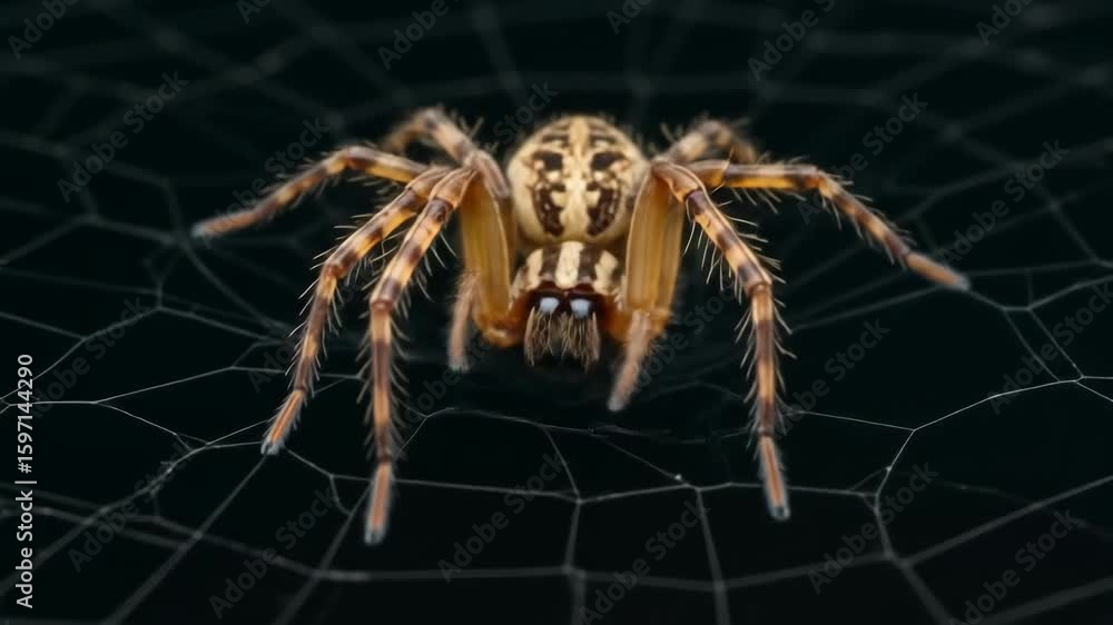 Wall mural spider on web close-up - a detailed close-up of a spider resting in the center of its web. the spide