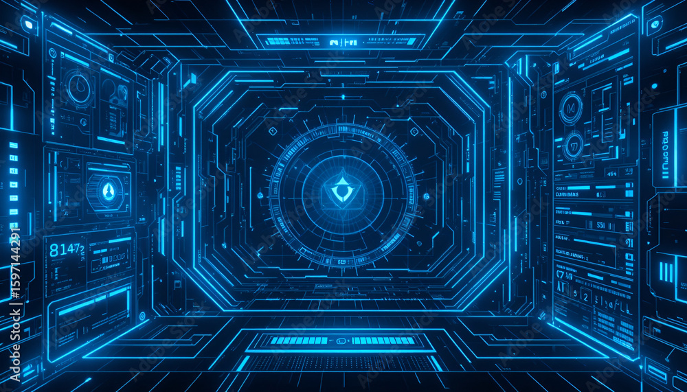 Poster futuristic interface with glowing blue lines and digital data displays for advanced technology