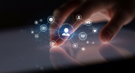 A hand touches a digital tablet screen, a network of interconnected icons radiating from a central user symbol