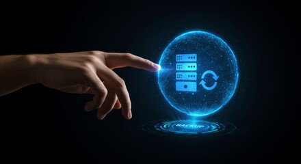 A hand touching a glowing blue sphere displaying server icons and a refresh symbol, against a dark background