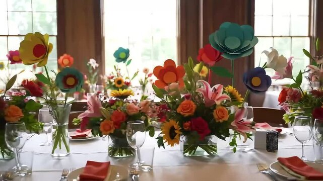 Colorful paper flowers adorn a table setting with fresh blooms