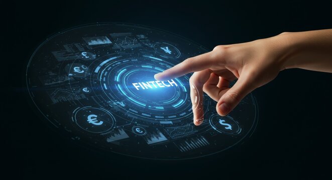 A human hand points at a glowing "FINTECH" interface. Holographic data streams surround the point of contact. Digital concept