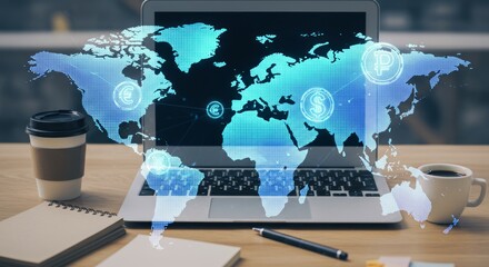 A laptop displaying a global financial network overlay, with coffee and notebooks nearby