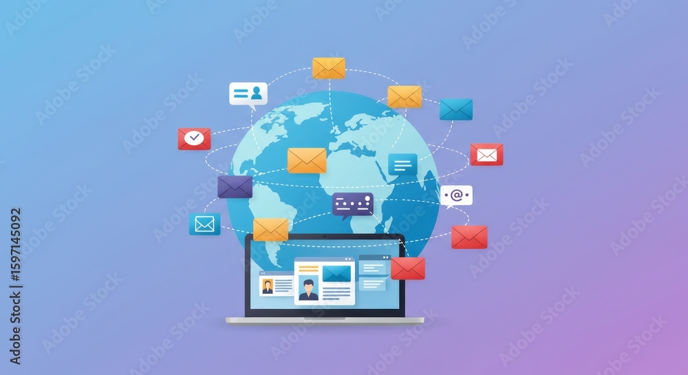 Poster a laptop displays an interface while emails and icons orbit a globe, symbolizing global communicatio