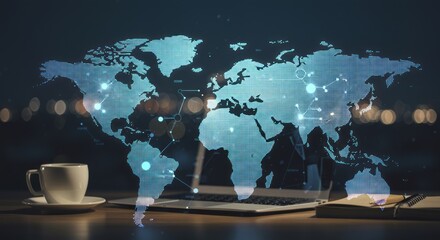 Fototapeta premium A laptop displays a glowing world map with interconnected nodes, on a desk with a coffee cup, notebook, and bokeh backdrop