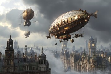 Naklejka premium Steampunk Victorian London cityscape with massive airships, brass mechanical computers, steam-powered robots, fog and dramatic lighting, highly detailed
