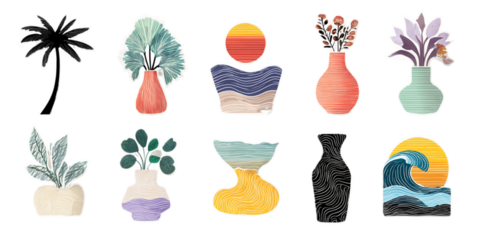 Stylized Vector Illustrations of Plants Vases Geometric Objects and Nature Elements on Transparent Backgrounds Ideal for Decoration and Graphic Design Projects, PNG