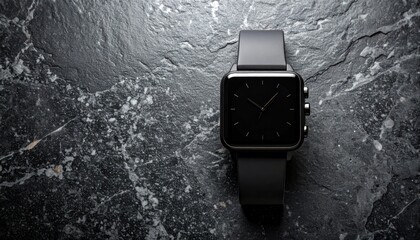 Sleek black smartwatch positioned on a textured dark stone surface, showcasing modern design