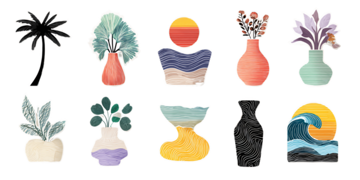 Stylized Vector Illustrations of Plants Vases Geometric Objects and Nature Elements on Transparent Backgrounds Ideal for Decoration and Graphic Design Projects, PNG